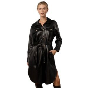 Bohme Black Vegan Leather Button Front Corpcore Goth Fall Midi Dress Jacket